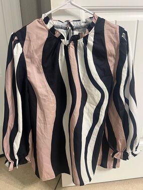 Striped Wave Long Sleeve Blouse in Blush, Black & White